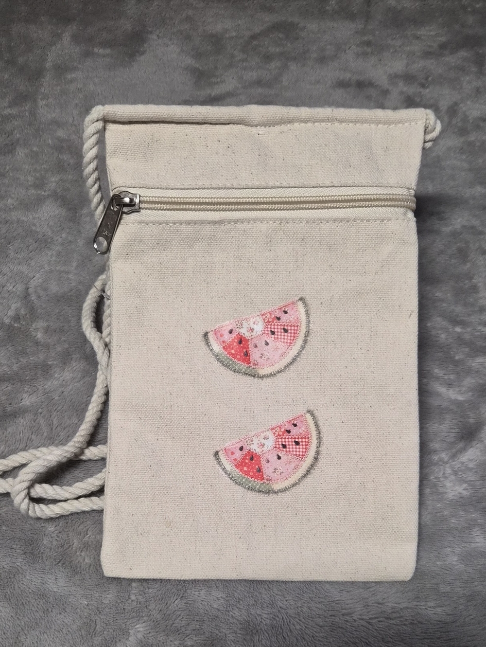 Canvas Crossbody Bag with Pink Watermelon Embroidery